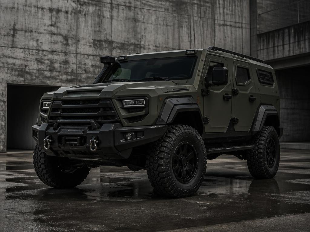 Heavy armoured vehicle in an industrial concrete yard for civilian armoured applications