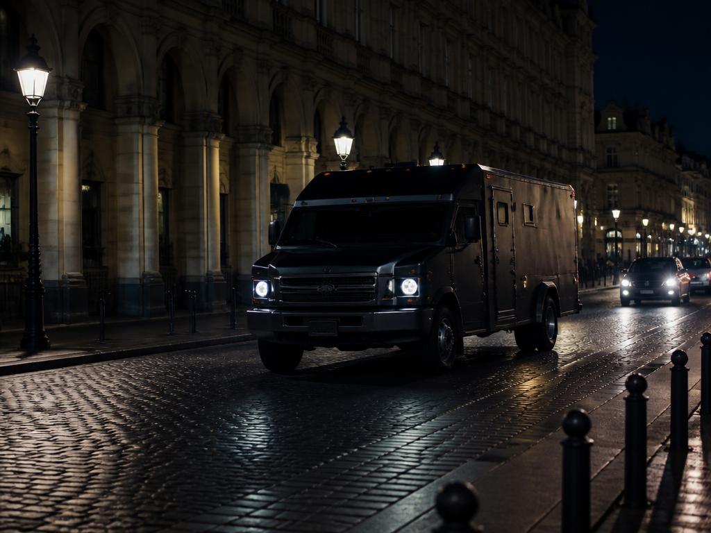 Armoured cash-in-transit vehicle on a lit city street at night
