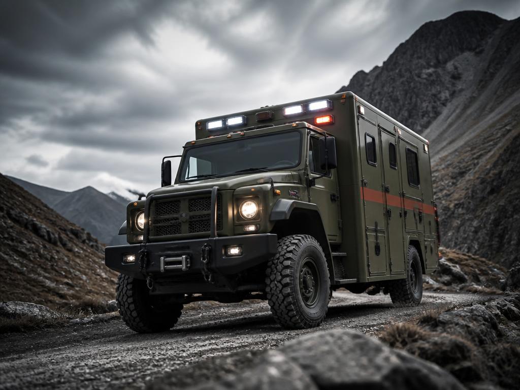 Emergency rescue vehicle on a rugged mountain road under overcast skies