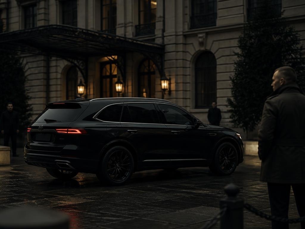 Black executive SUV in a secure European location, representing VIP protection applications