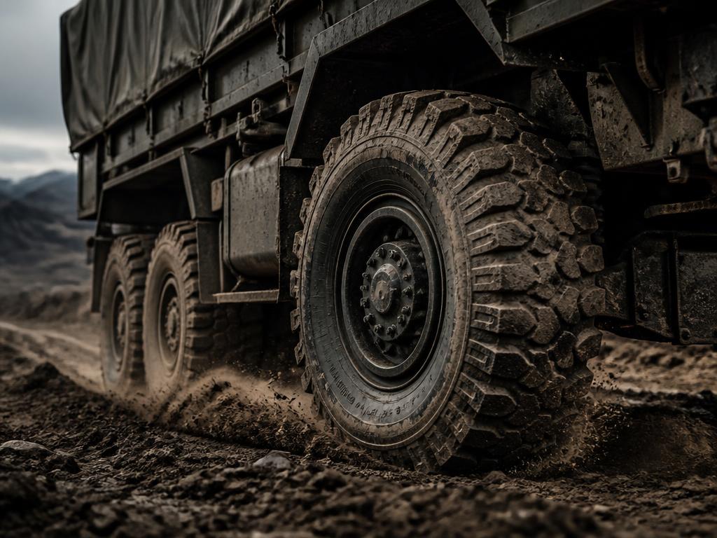 Close-up of a heavy-duty military truck wheel traversing rough muddy terrain