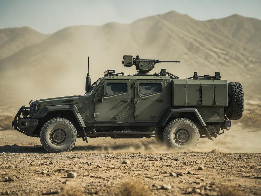 Tactical military vehicle moving across dusty desert training ground